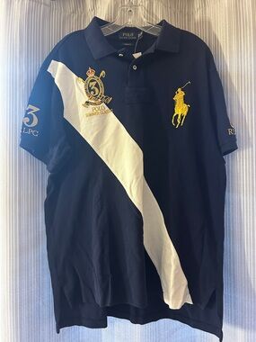 Polo by Ralph Lauren Navy Polo with White Diagonal Stripe & Yellow Pony